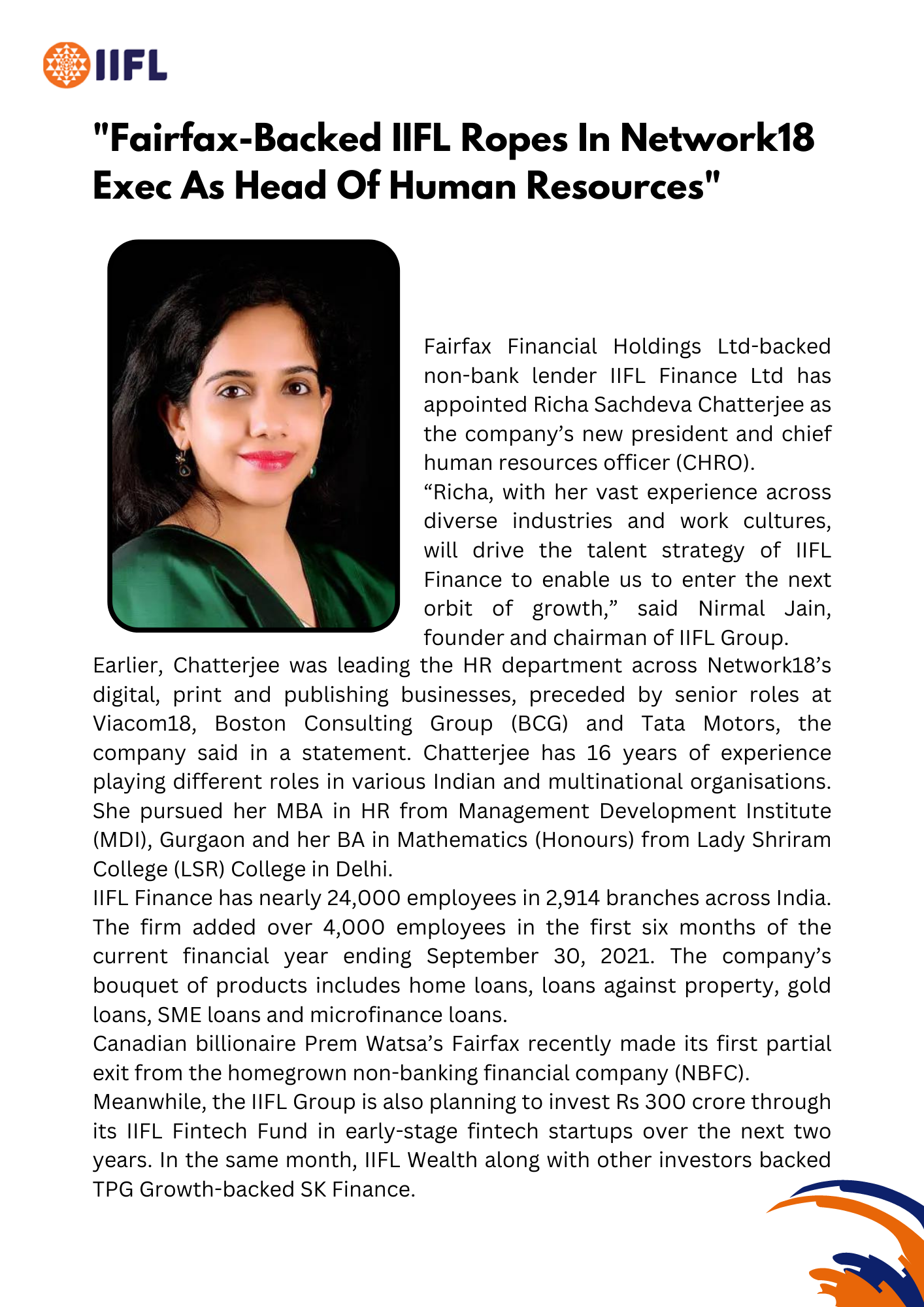 IIFL Finance Appoints Richa Sachdeva Chatterjee As Head Of Human Resources