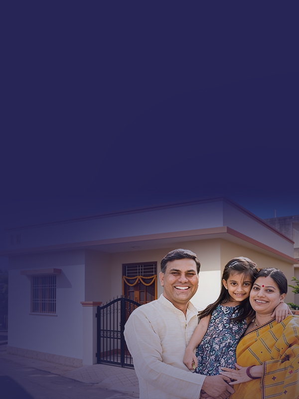 Happy family in front of their home