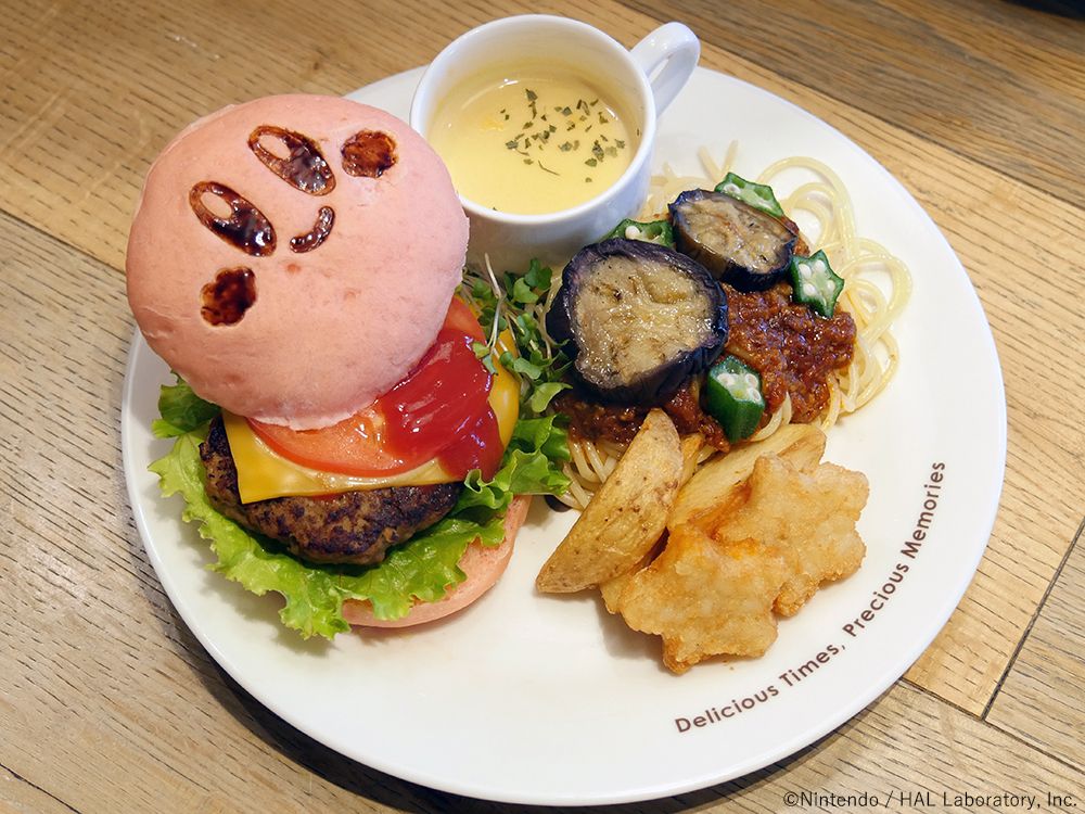 Kirby hamburger & pasta with seasonal vegetables and meat sauce plate