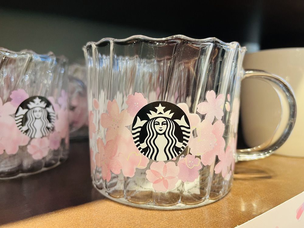 New Starbucks Pink Sakura Color-changing Glass Coffee Mug Cup with Flower  Stick 