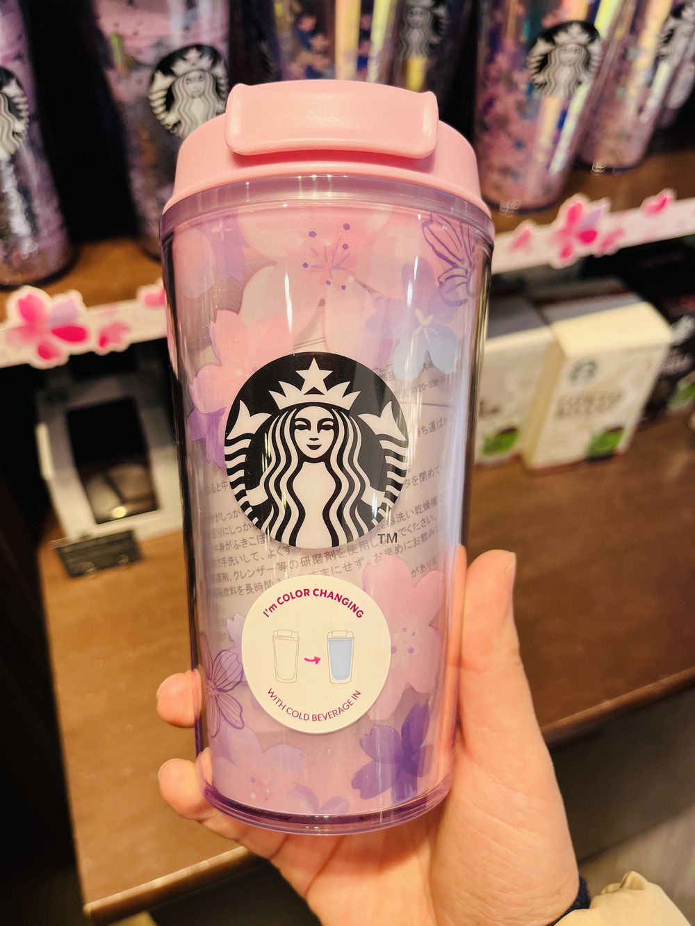 New Starbucks Pink Sakura Color-changing Glass Coffee Mug Cup with Flower  Stick