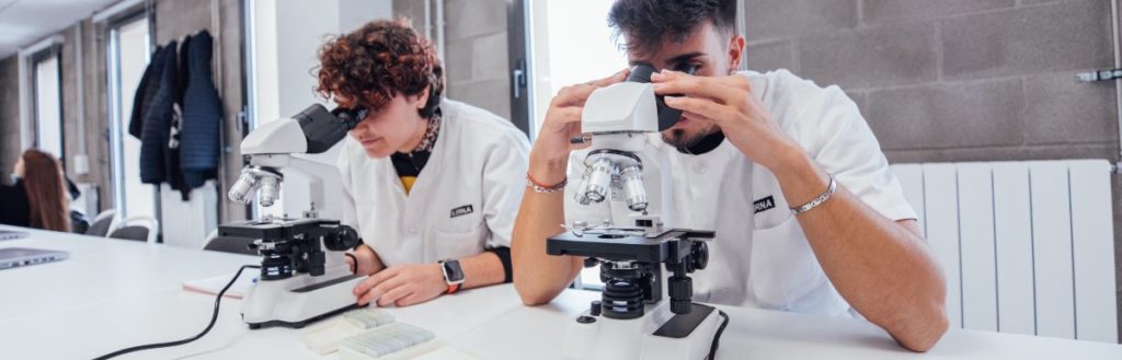 Estudiantes de ILERNA realizando un análisis de muestras en una práctica de anatomía patológica