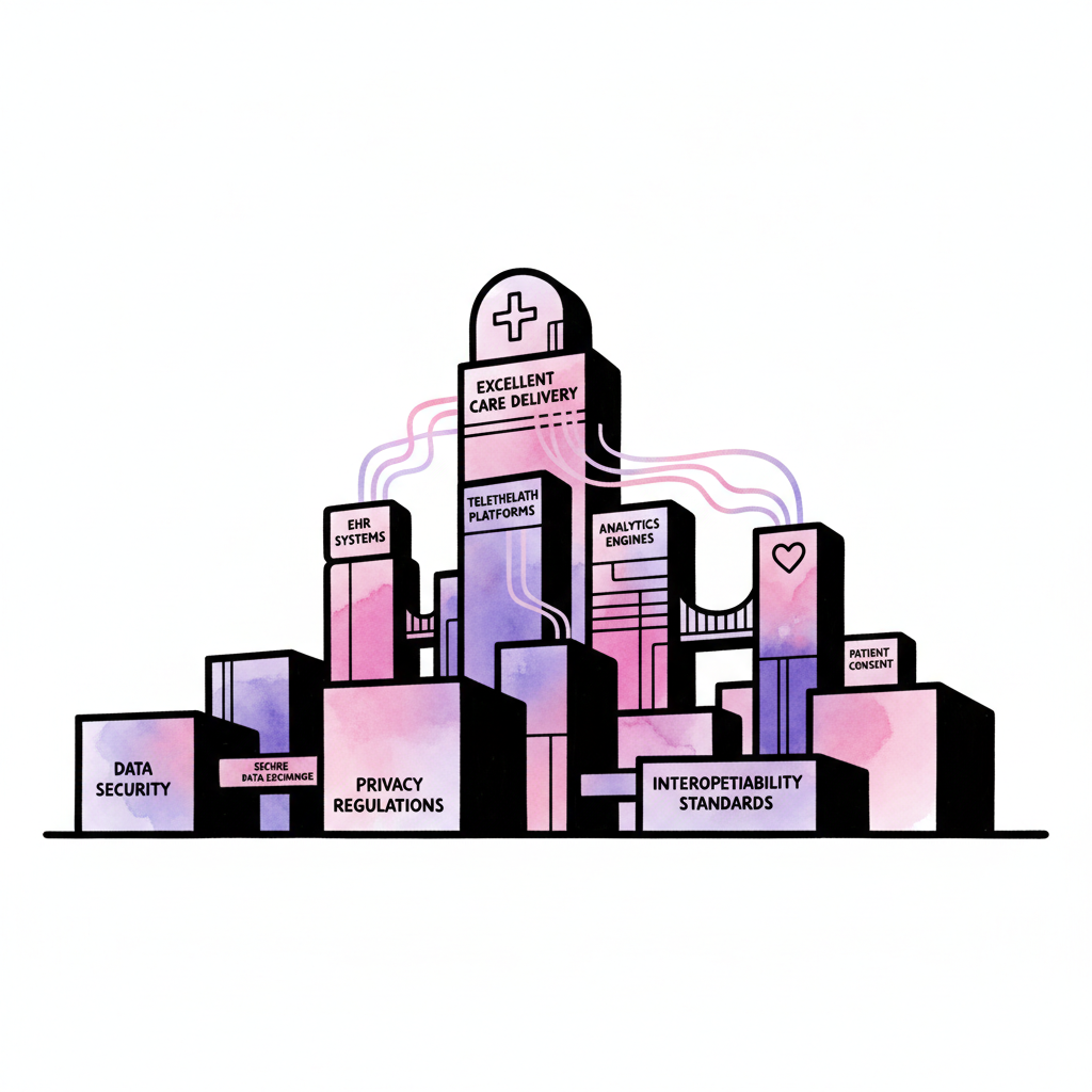 Illustration: healthcare IT building blocks - to build compliant solutions that results in excellent care delivery don't add any text