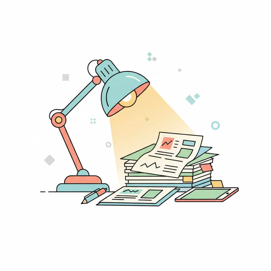 a desk lamp illuminating paperwork - AI generated illustration