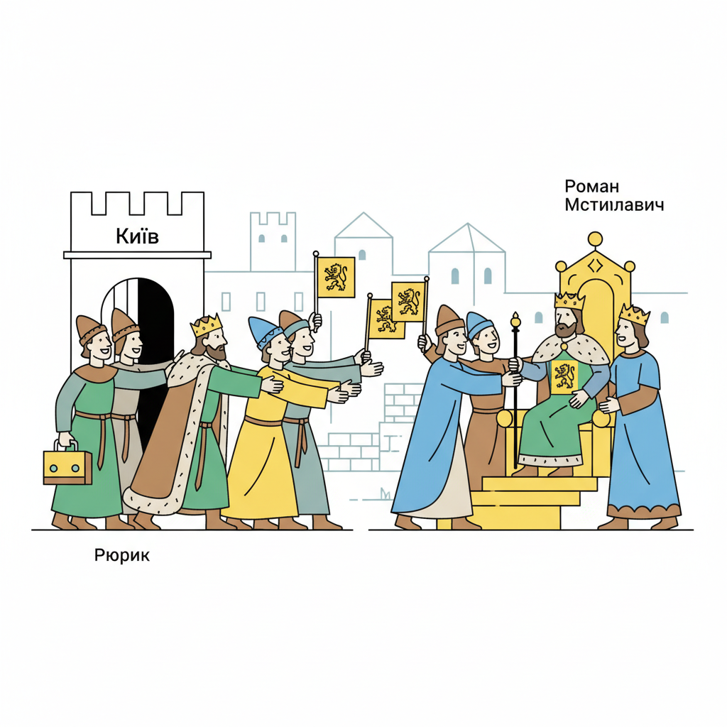 Illustration: містяни у 1202 році проганяють Рюрика яким були незадоволені і підтримують волинсько-галицького володаря Романа Мстиславича і він стає правити у Київському і Переяславському князівствах