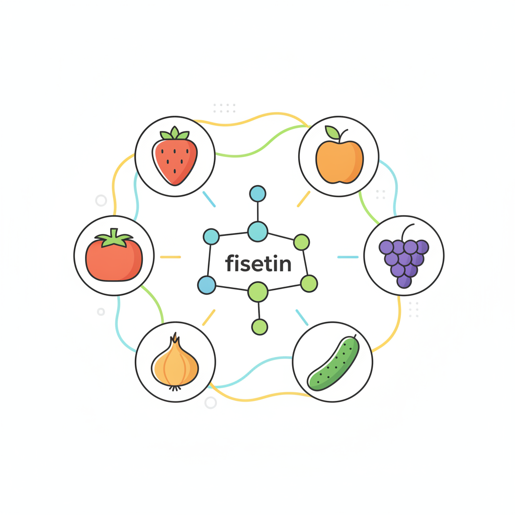 Illustration: Generate image where fisetin a bioactive compound  which has a source from strawberries, apples, persimmons, grapes, onions, and cucumbers. show its projection