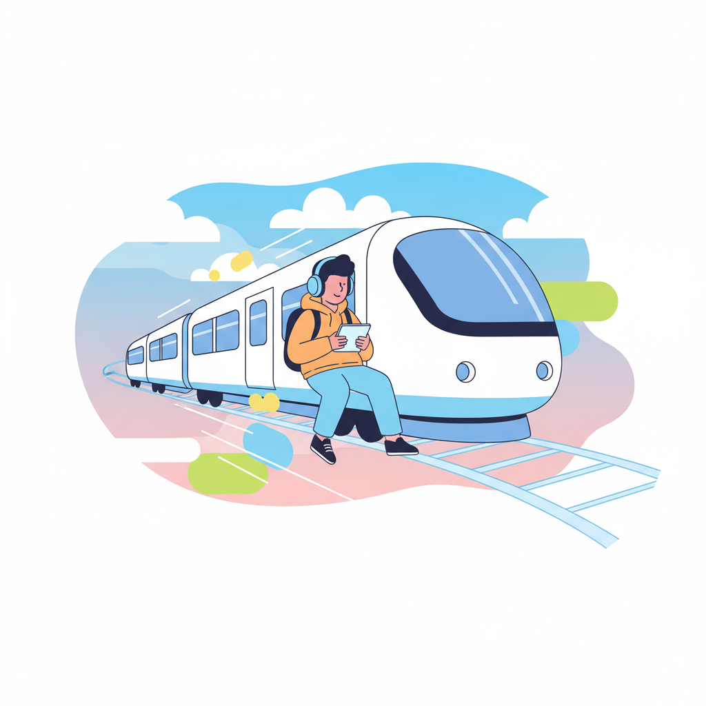 a traveler with headphones in transit - AI generated illustration