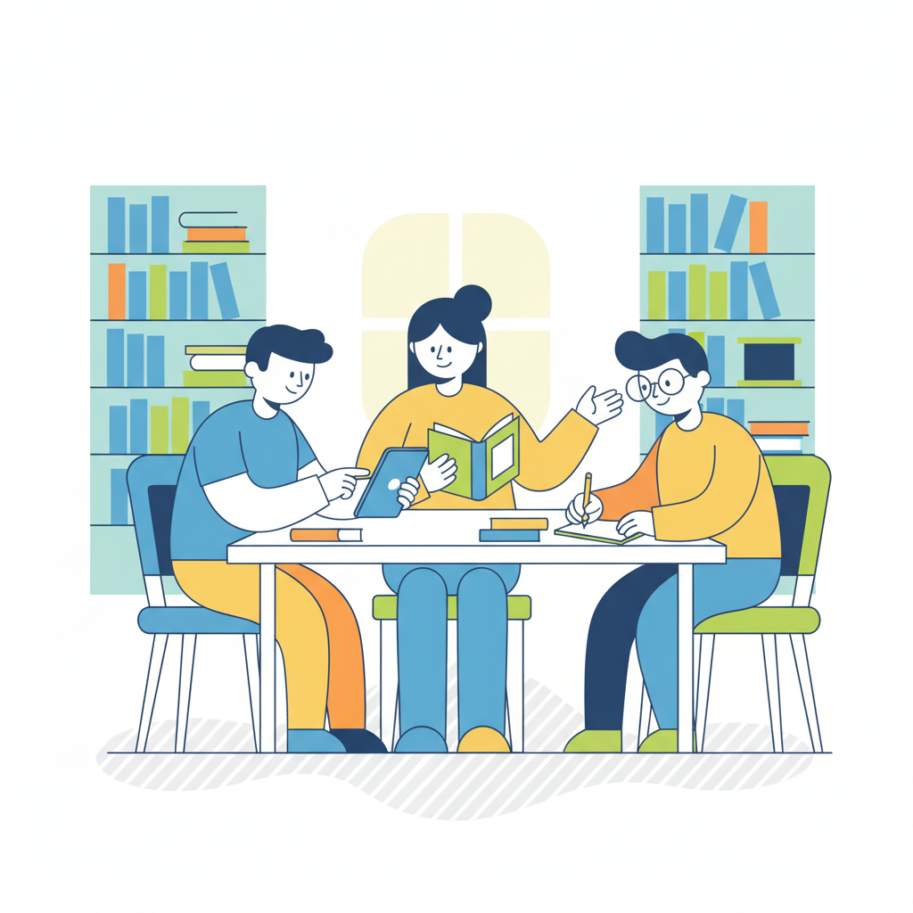 students collaborating in a library - AI generated illustration