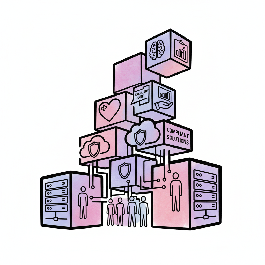 Illustration: healthcare IT building blocks - to build compliant solutions that results in excellent care delivery don't add any text