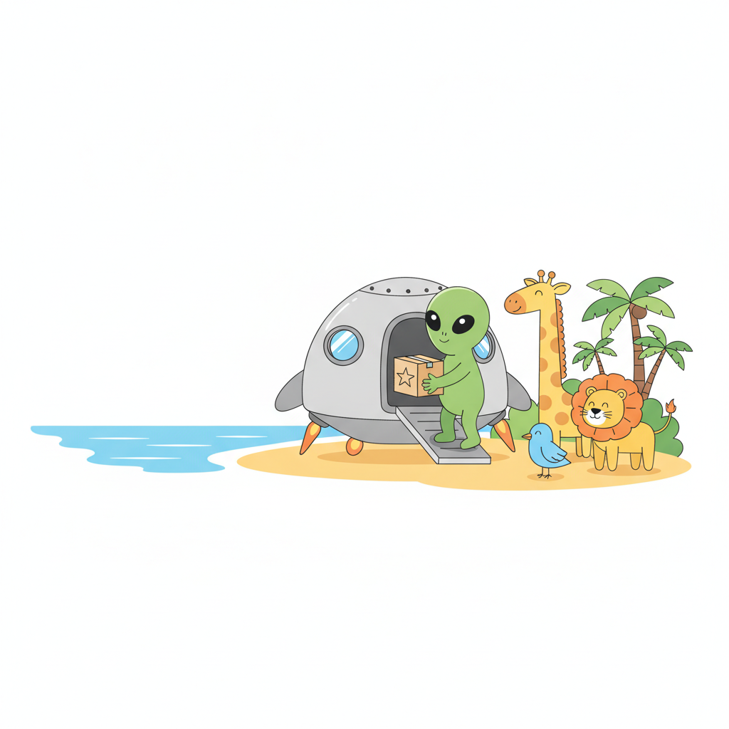 an alien moving into an alien spaceship near a beach and watched by animals - AI generated illustration