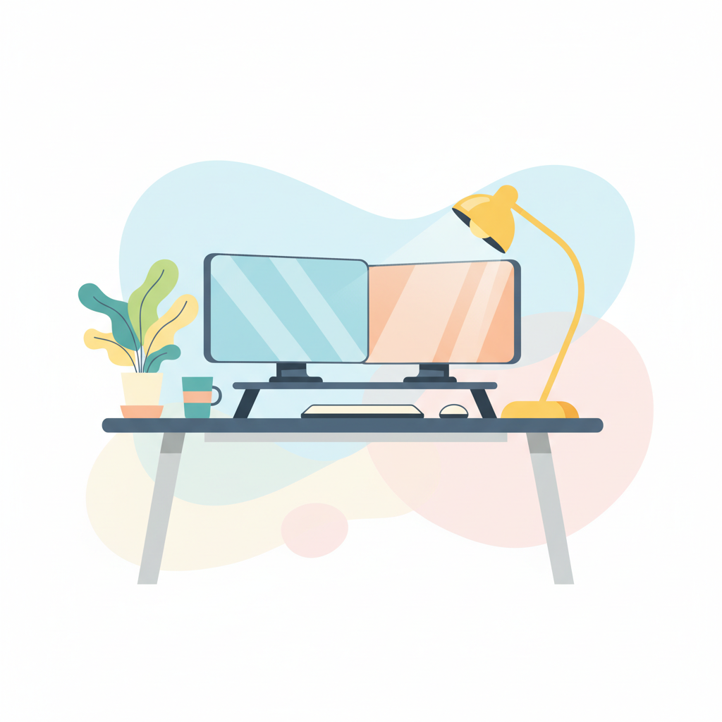 an office desk with dual monitors - AI generated illustration