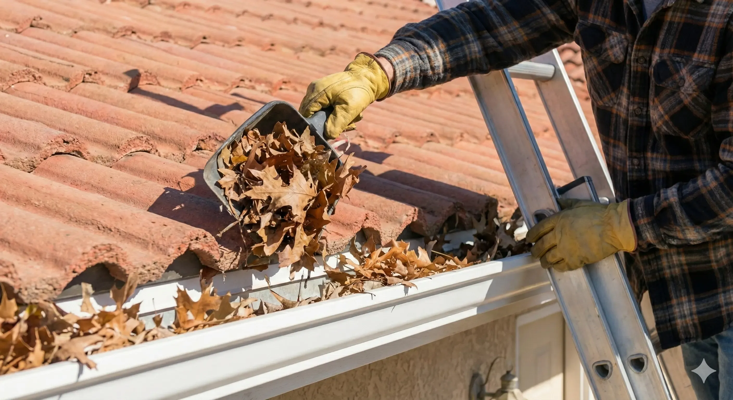 A person cleaning a gutter with gloves, removing leaves and other debris to prevent buildup; the process is essential for keeping outside windows and window screens clean.