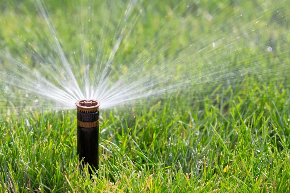 A working irrigation system that is sprinkling water onto a lawn.