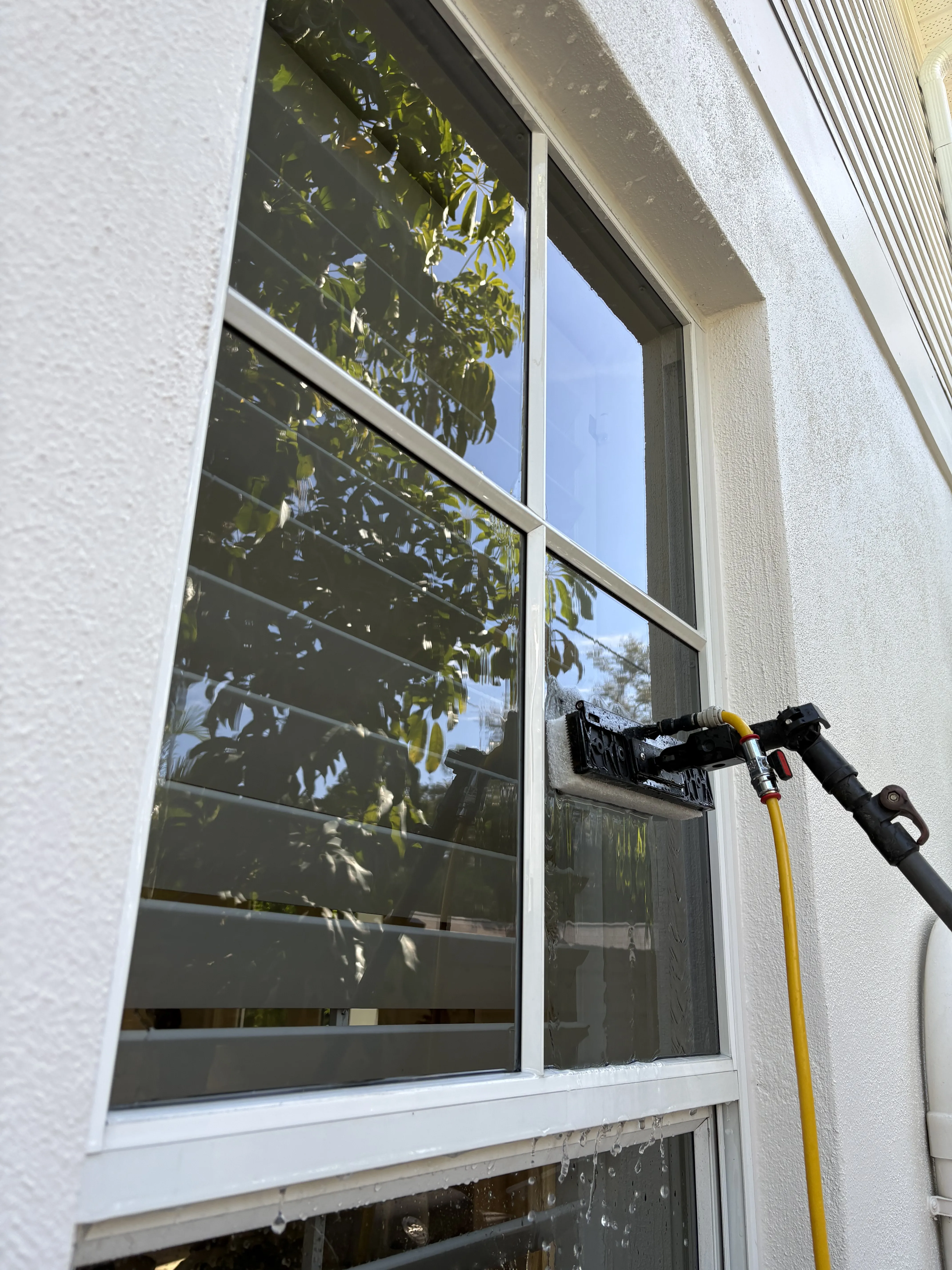 Technician providing detail-oriented window cleaning for sparkling windows, removing water spots and hard water stains from glass surfaces.