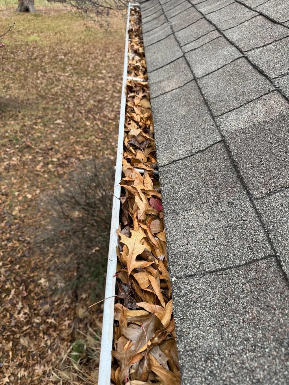 Gutters filled with leaves on a Fayetteville home.