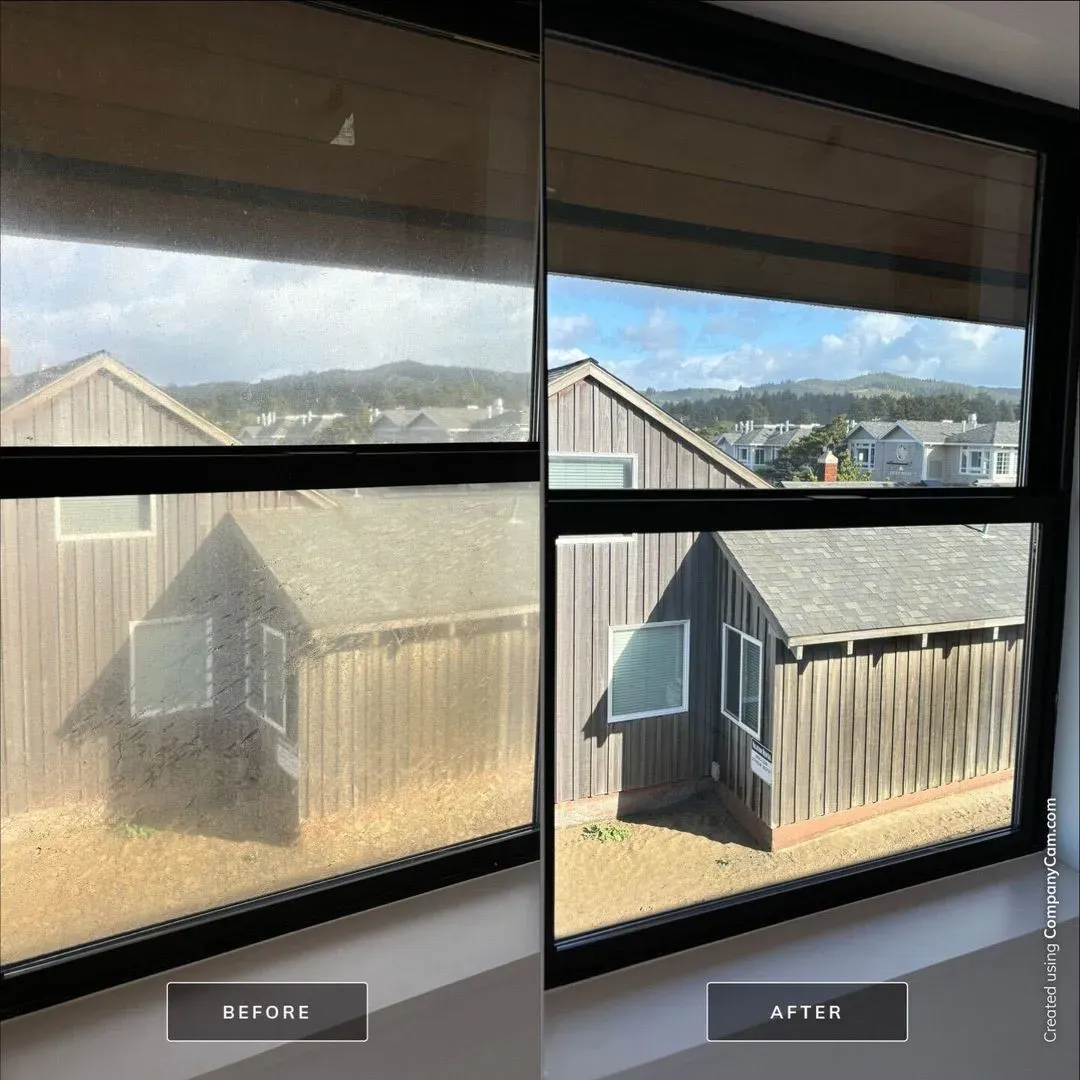 A "before and after" comparison showcasing exterior windows cleaned with the best window cleaner. The process involved a spray bottle and paper towels, leaving the glass cleaner and free of water spots on the picture windows.