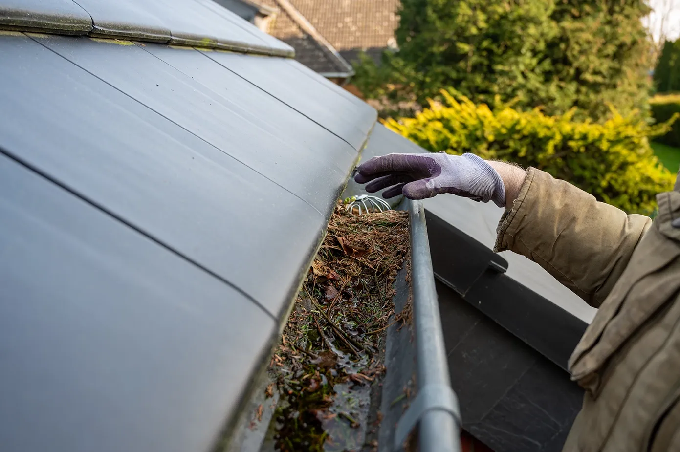 Residential gutter cleaning in Boulder, CO, with full safety gear.