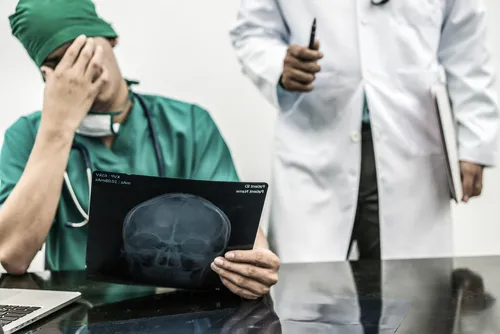 Surgical doctor covering his face with hand (face palm) expressing disappointment while holding xray film on office desk.