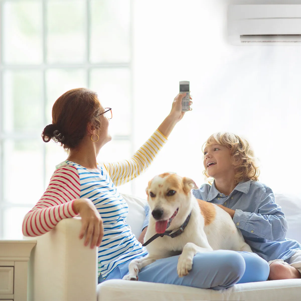 A mother, child, and dog comfortable on the sofa at home using their air conditioning unit.