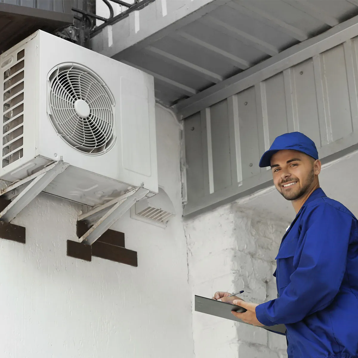 A professional HVAC technician assessing HVAC unit.