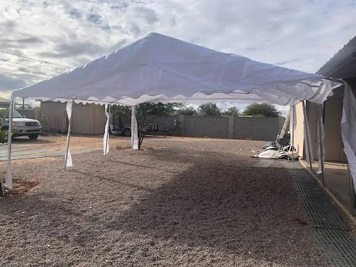 Sky Party Jumper's tables and chairs set up at a party venue in Casa Grande, AZ