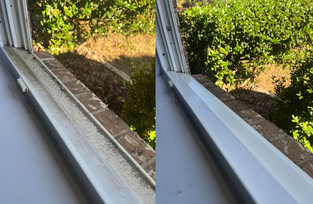 Window tracks before and after cleaning by GK's Window Cleaning Services.