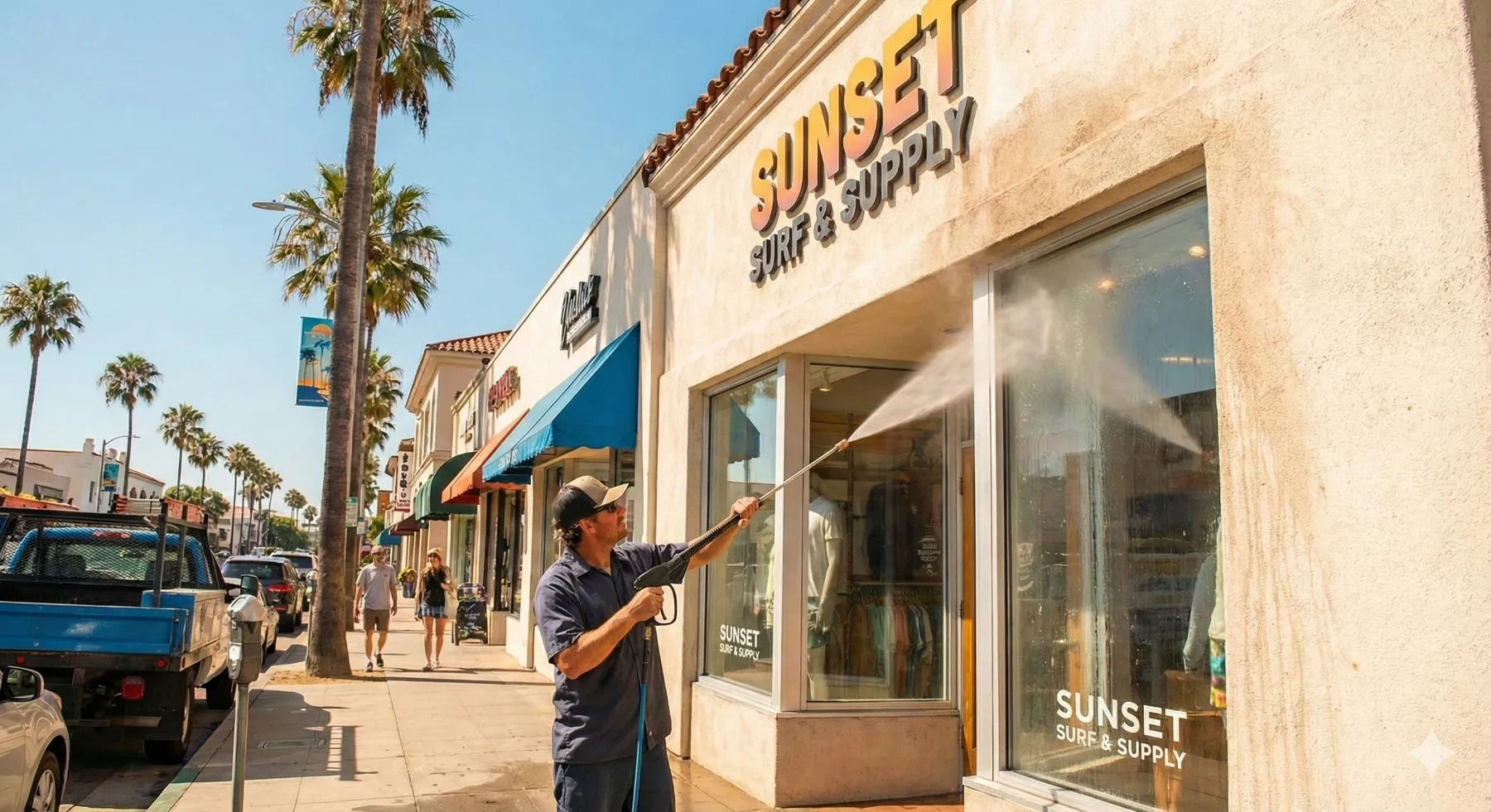 Pressure washing storefront as part of exterior cleaning by pressure washing companies focused on curb appeal.