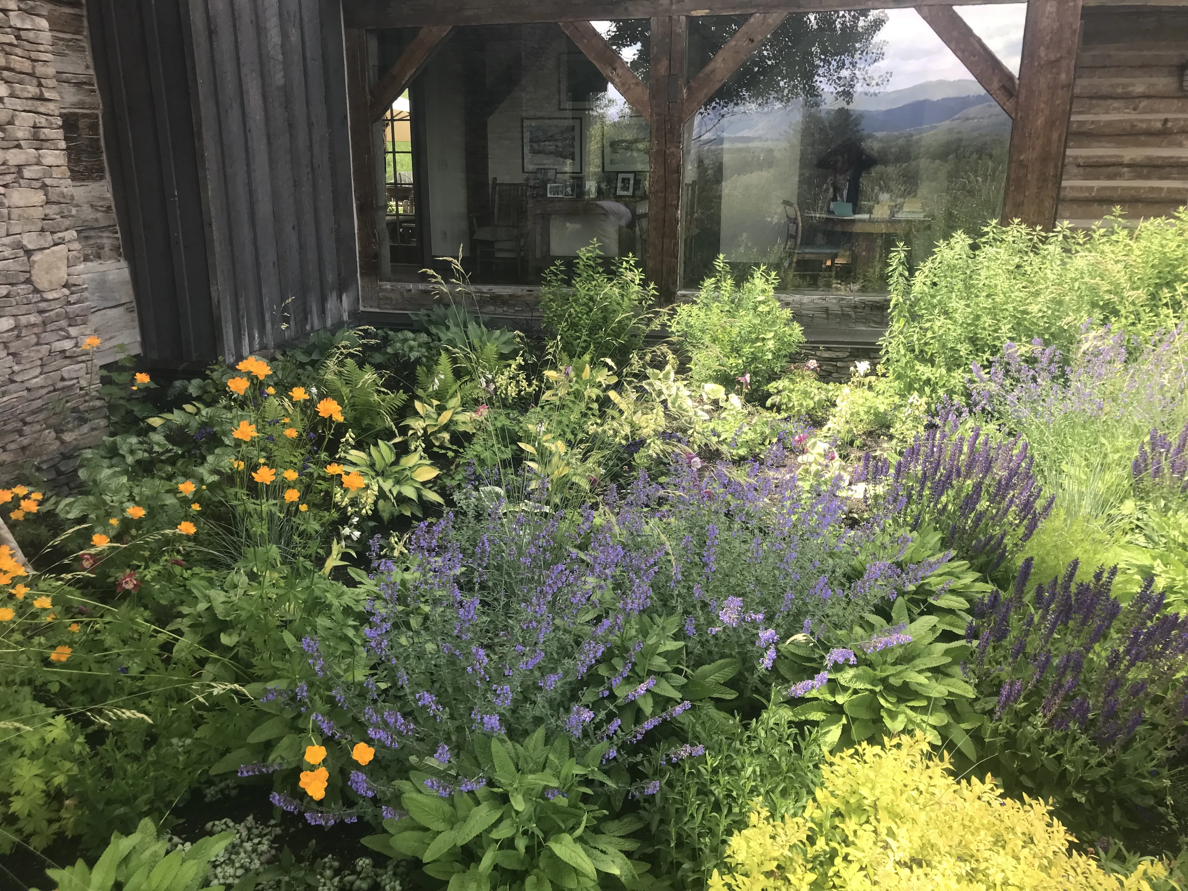 Vibrant ornamental garden bed, raised garden beds, and elevated planters with colorful flowers in Jackson, Wyoming. Raised garden beds services for client.