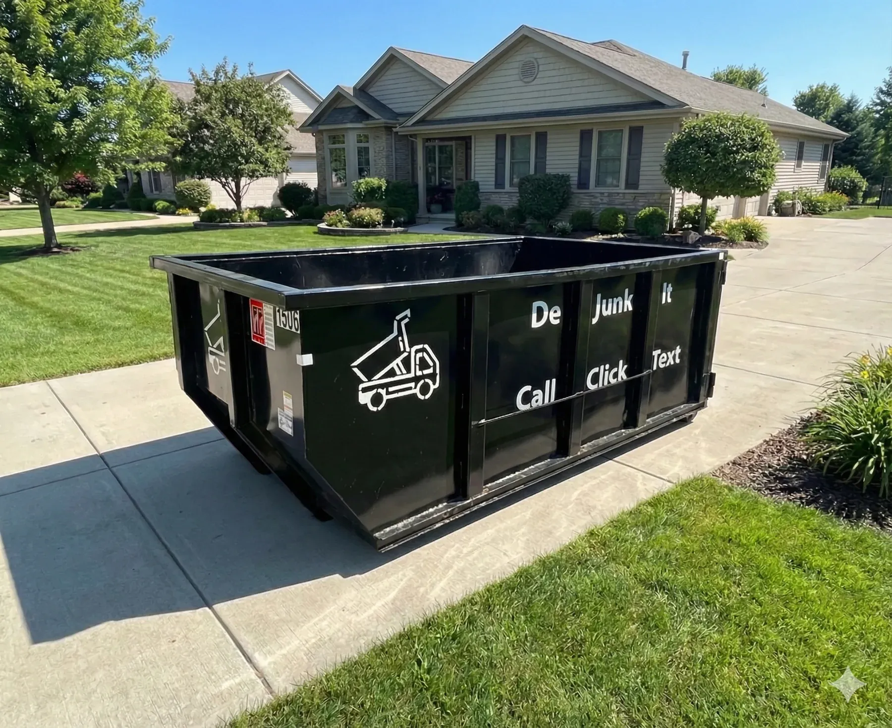 Clean dumpster bin infront of a home on a sunny day with clear blue skies