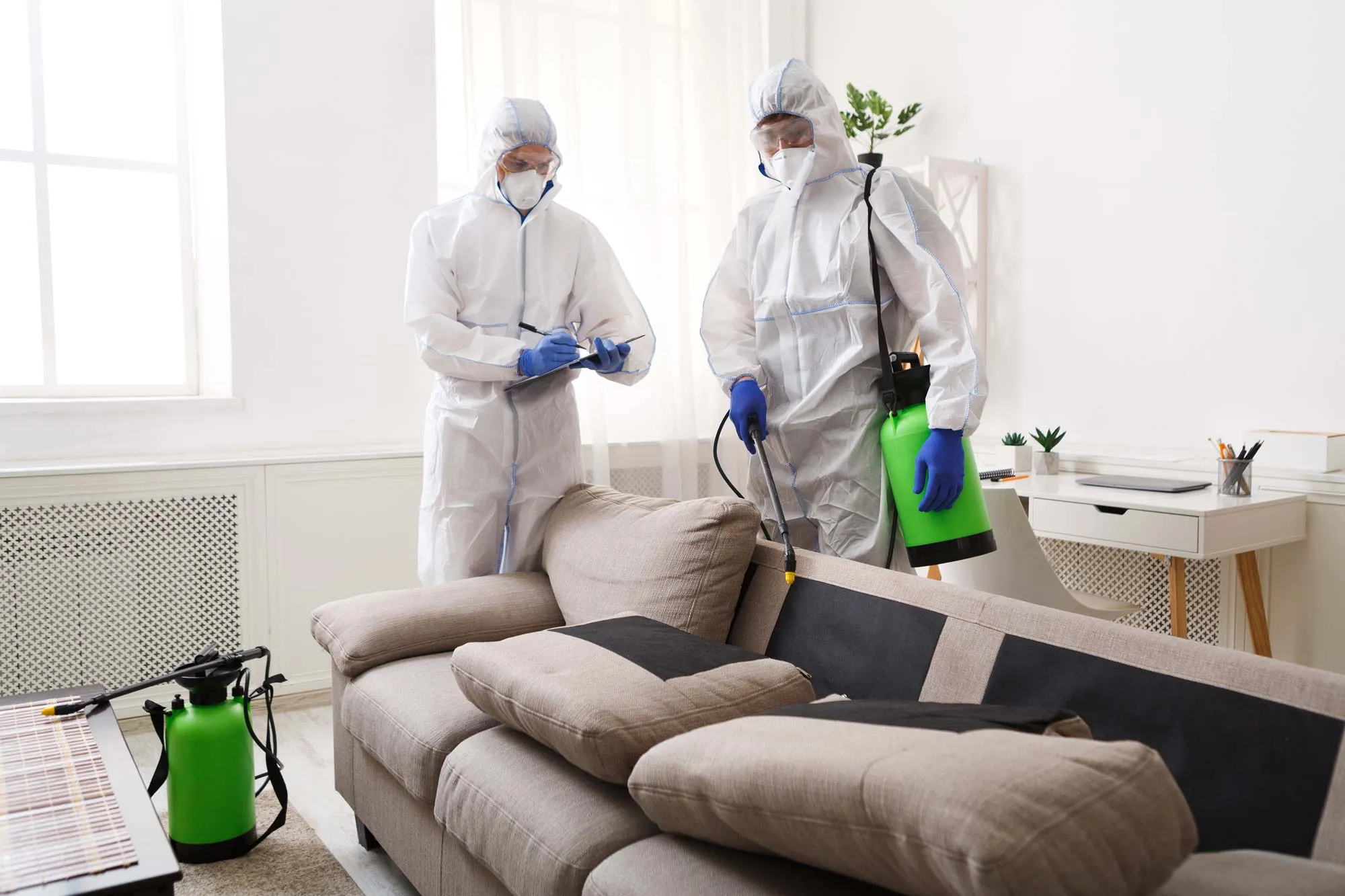 Two professionals disinfecting and sanitizing a living room.