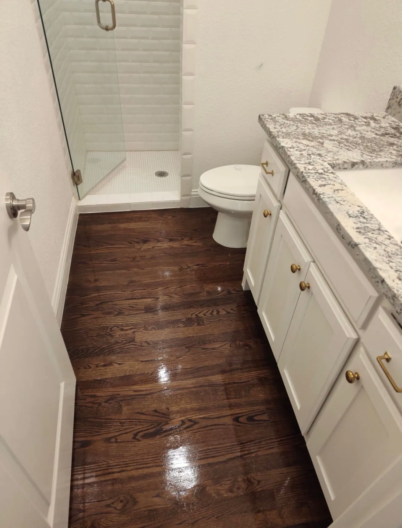 Before restoration: visible water damage and wear on hardwood floors in a home serviced in North Richland Hills. After restoration: a stunningly renewed hardwood floor, showcasing quality workmanship in North Richland Hills.
