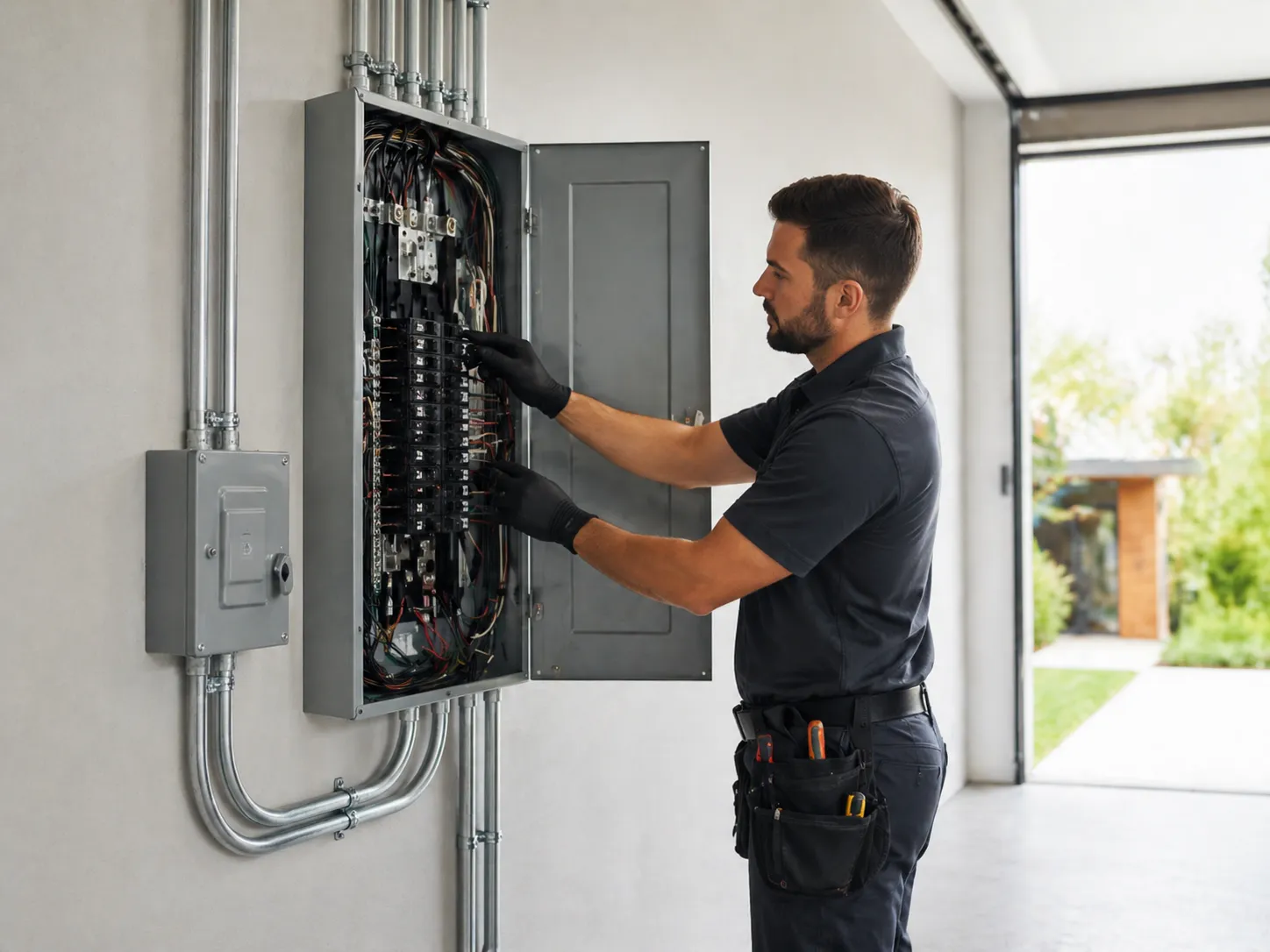 Licensed electrician upgrading an electrical panel with organized wiring and breakers in a clean residential garage.