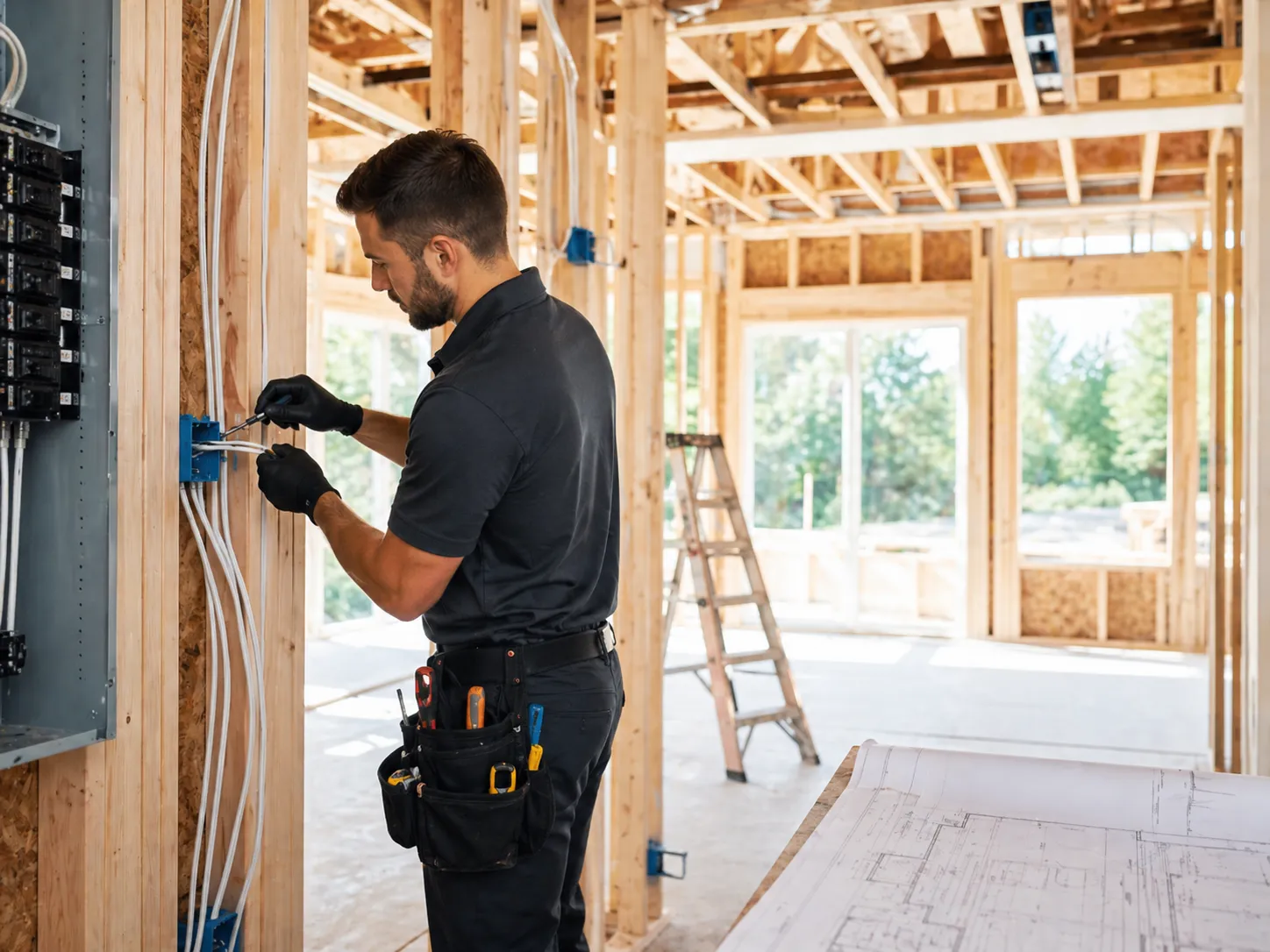 Electrician completing rough-in wiring for a new construction home with exposed framing, electrical boxes, and building plans