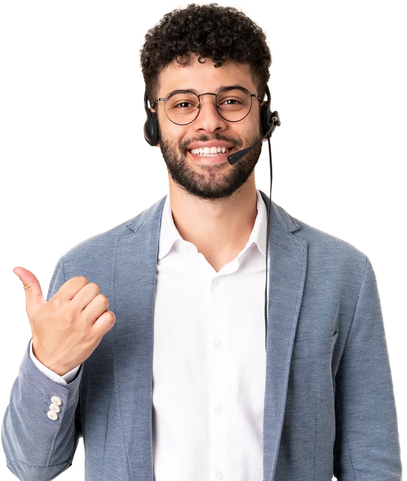 A business professional with a headset on using a VoIP system and pointing to the CTA text.