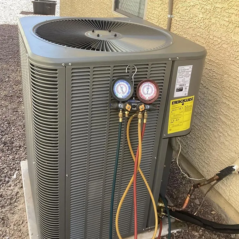 Desert Heat HVAC Mechanical is providing an inspection of a residential air conditioner at a home in Phoenix, AZ. Homeowners receive fast, reliable air conditioning repair services for a malfunctioning AC system during peak summer heat.