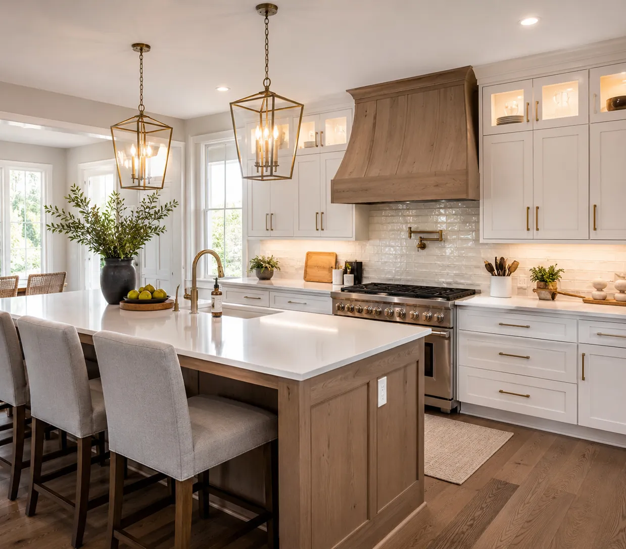 Custom kitchen remodeling in Raleigh, NC featuring a bright open layout, large island seating, and premium cabinetry with clean modern hardware.