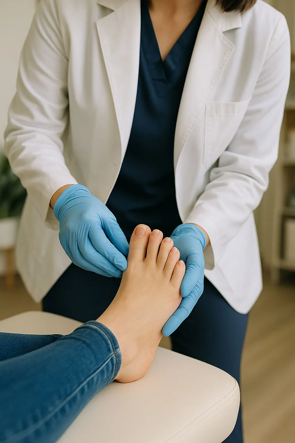 A podiatrist is holding a patient's foot, diagnosing it.