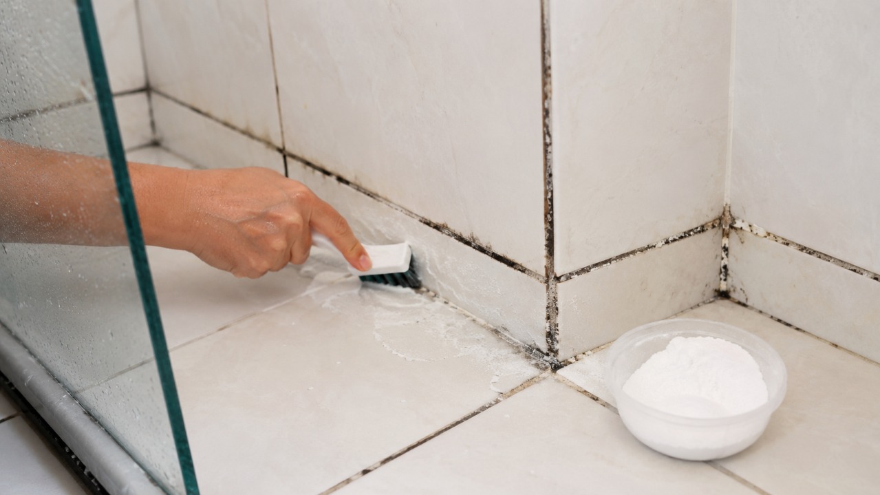 A remoção do mofo em rejuntes do banheiro, como mostra a imagem, requer cuidados e técnicas adequadas para a saúde. Mão escovando rejunte de azulejos brancos com mofo preto e produto de limpeza no banheiro.