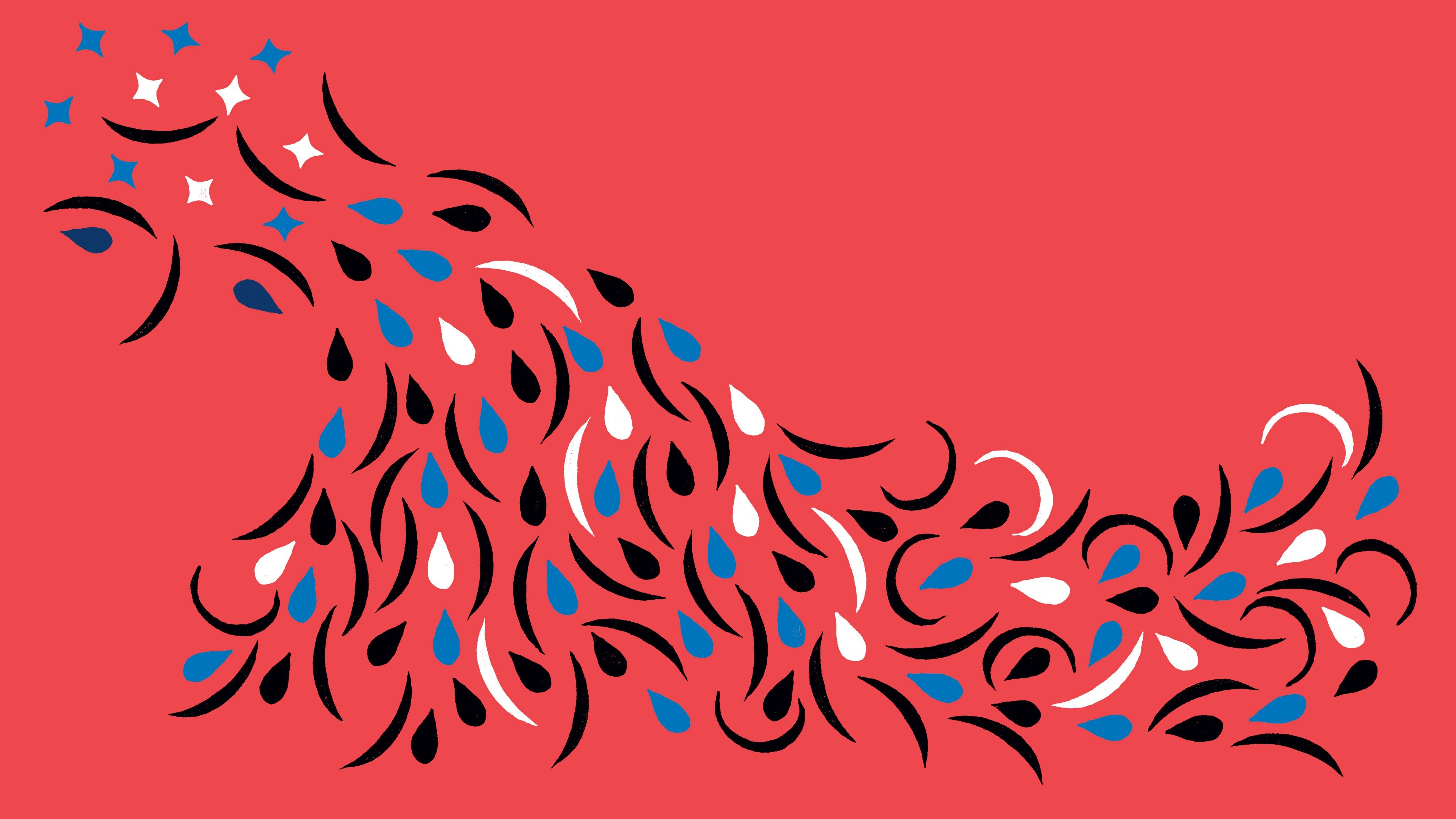 Padr&atilde;o abstrato vermelho com formas org&acirc;nicas pretas, azuis e brancas, e estrelas