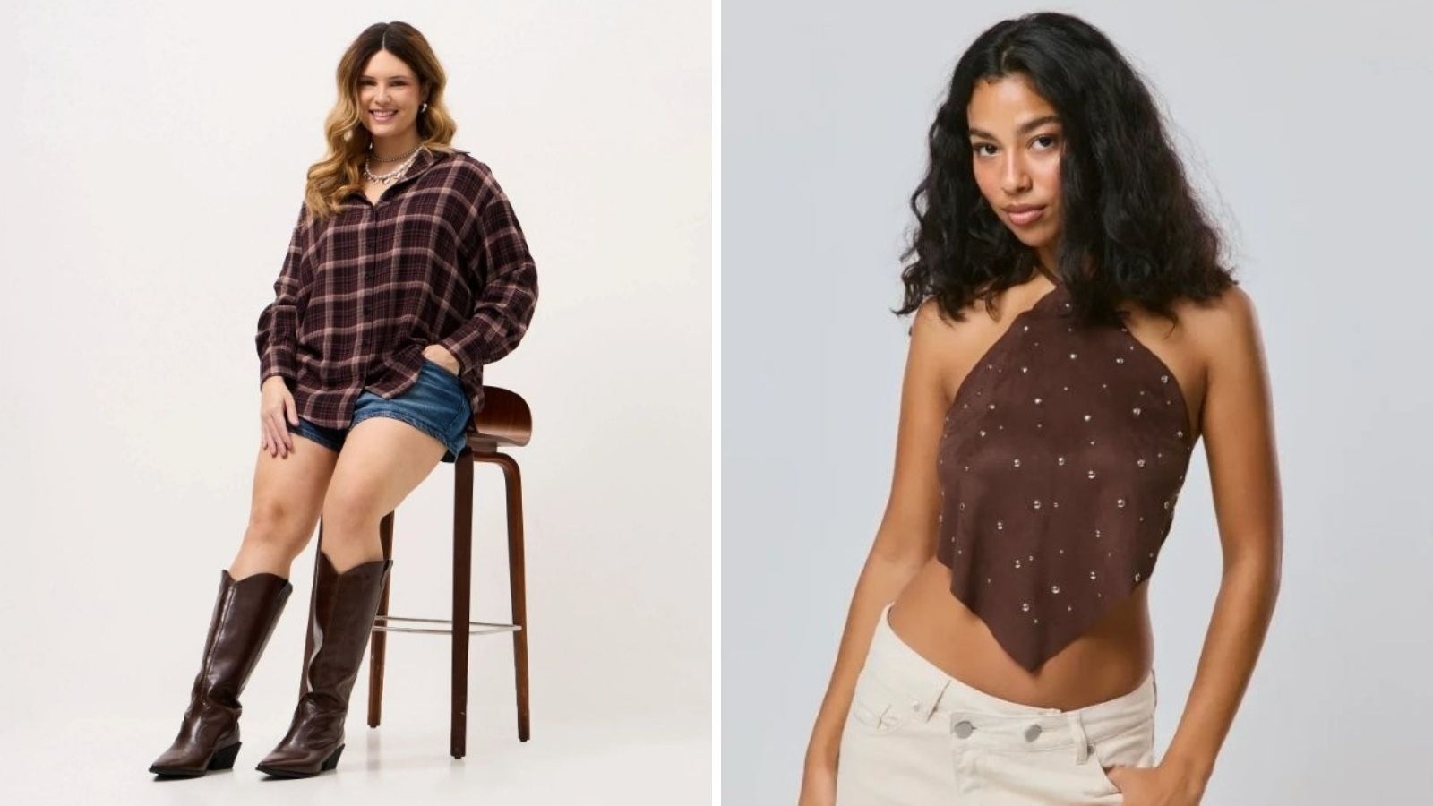 Mulher sentada com camisa xadrez e bota. Outra mulher com top halter e tachas