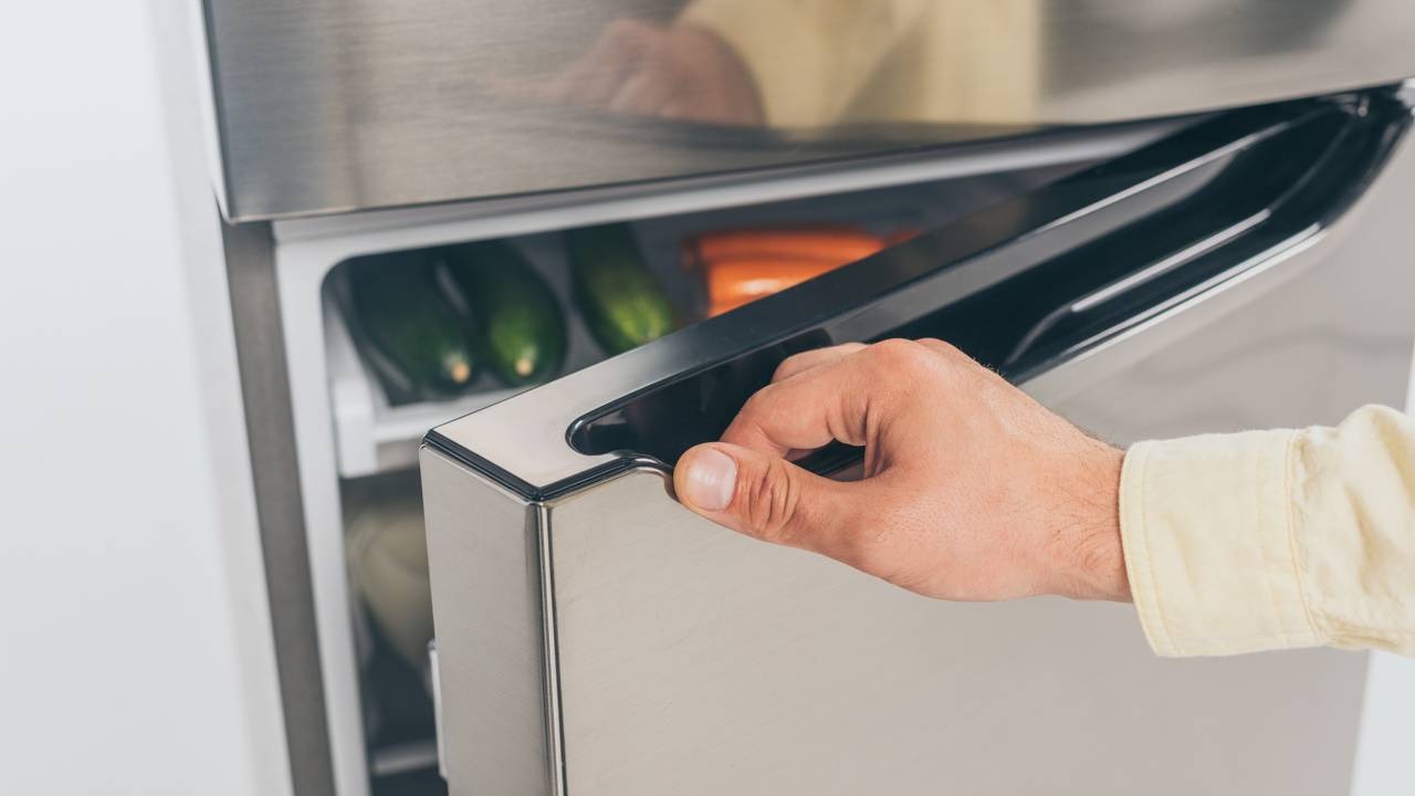 O congelamento, uma prática comum na conservação de alimentos, oferece benefícios que vão além da praticidade, alterando até a digestão. Mão de pessoa abrindo a gaveta inferior de um freezer de aço inox com vegetais