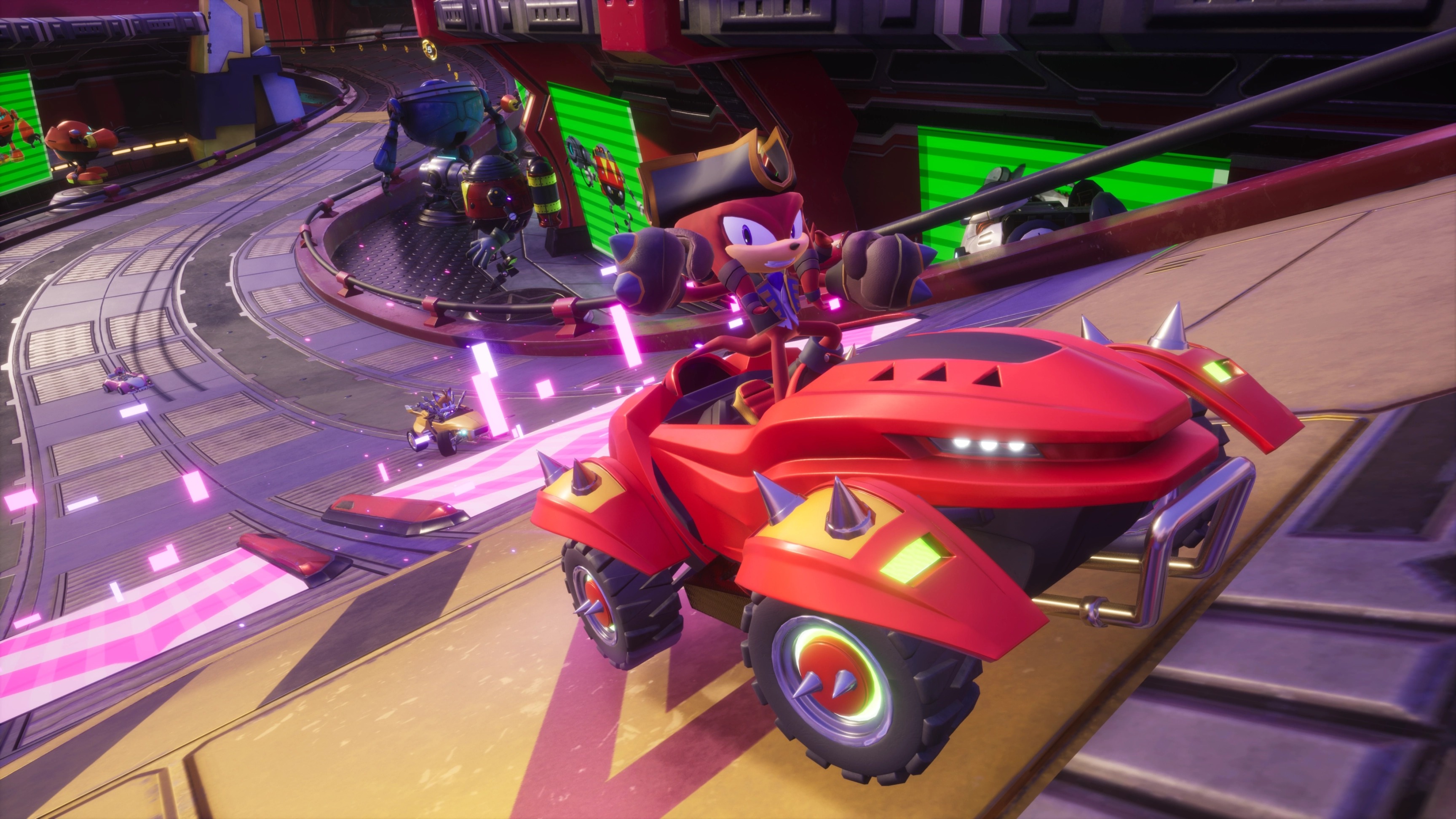 Knuckles e seu kart vermelho ilustram a jogabilidade dinâmica e o elenco variado de Sonic Racing: CrossWorlds Knuckles, o equidna vermelho, em um kart vermelho com espinhos, correndo em uma pista futurista