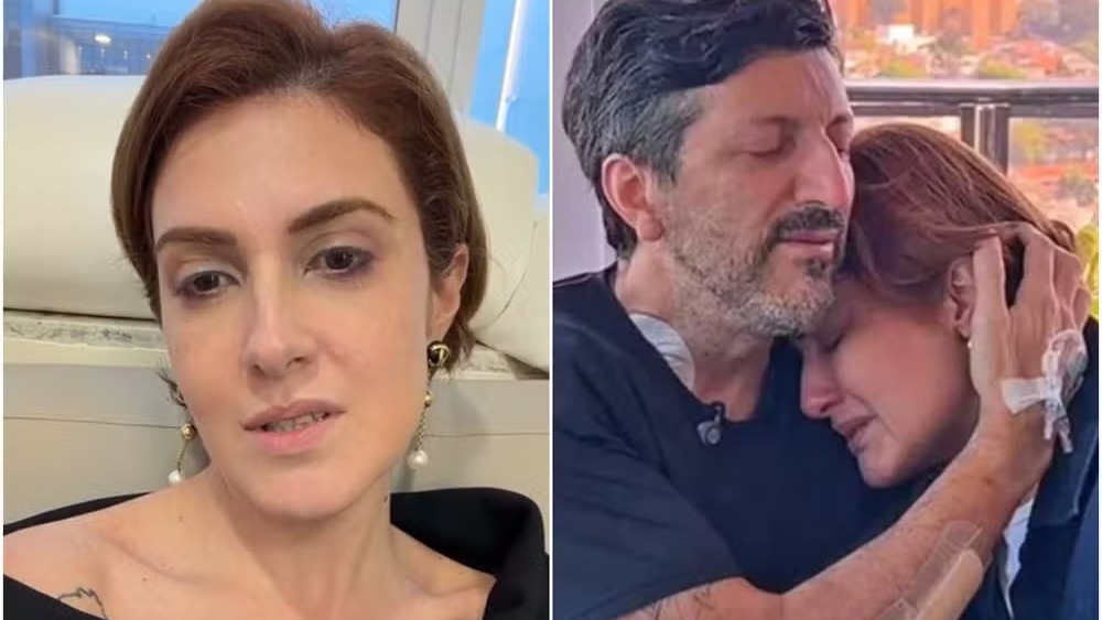 Mila Seidl, esposa de Lito Sousa, fala sobre a saúde do marido. Mila Seidl falando em close na esquerda e abraçando Lito Sousa chorando na direita