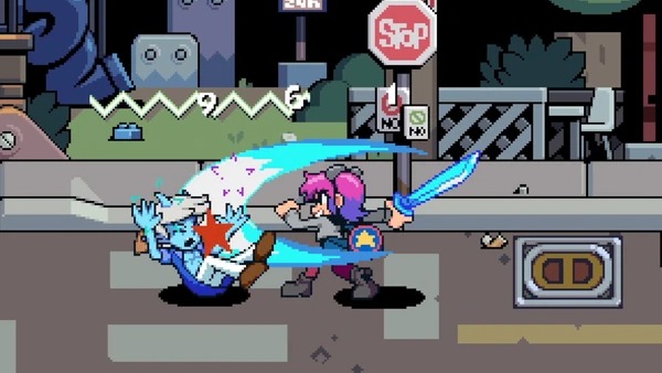 O combate em Scott Pilgrim EX combina a pancadaria clássica dos beat 'em ups com estilos únicos dos personagens Personagem de cabelo rosa e azul golpeia inimigo azul com espadas brilhantes em cenário urbano pixelado