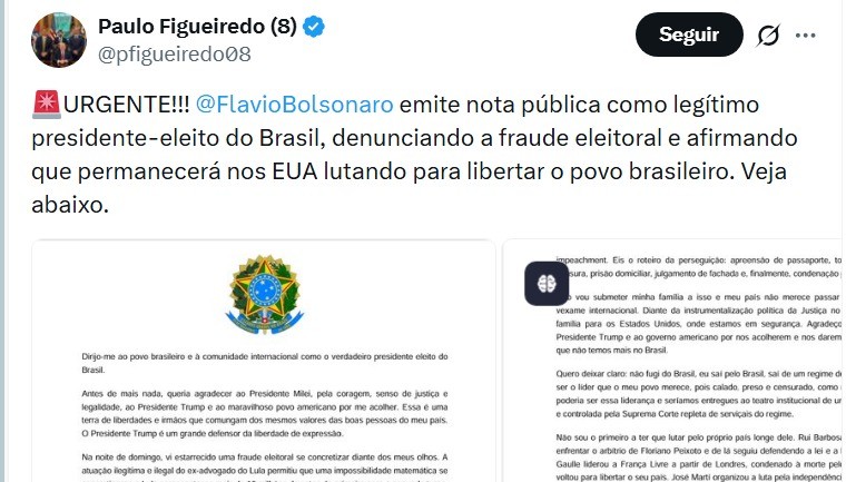 Captura de tela do X, tweet de Paulo Figueiredo com texto e pr&eacute;vias de carta com bras&atilde;o do Brasil