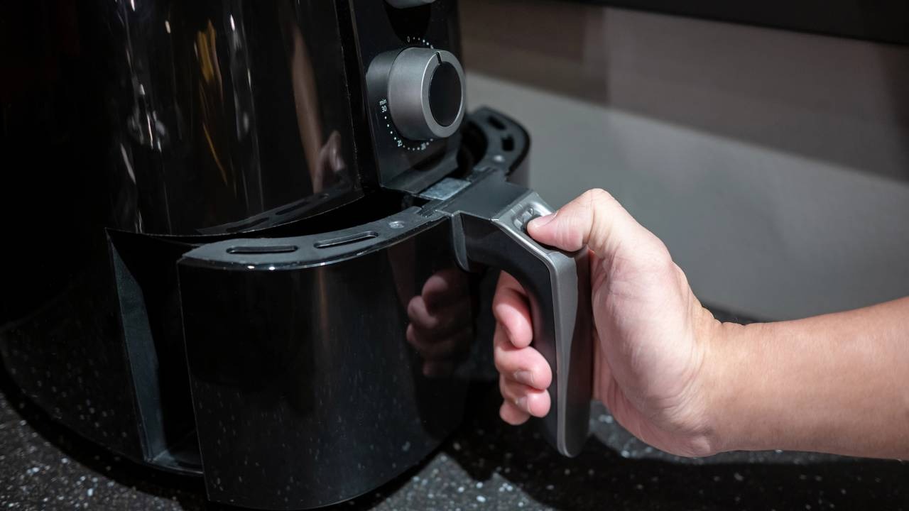 O preparo rápido do pão de queijo fit na air fryer facilita a rotina e garante um lanche saboroso. Mão puxando a cesta de uma air fryer preta com detalhes cinzas