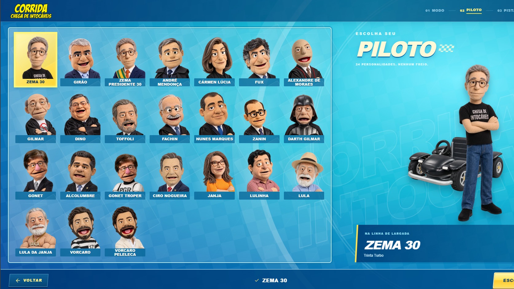 Tela de sele&ccedil;&atilde;o do jogo Corrida Chega de Intoc&aacute;veis, exibindo bonecos fantoches de pol&iacute;ticos.