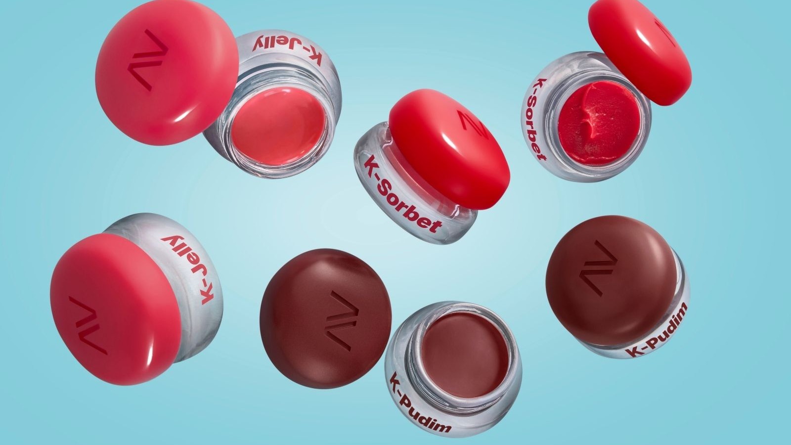 Potes com produtos K-Jelly rosa, K-Sorbet vermelho e K-Pudim marrom da Avon