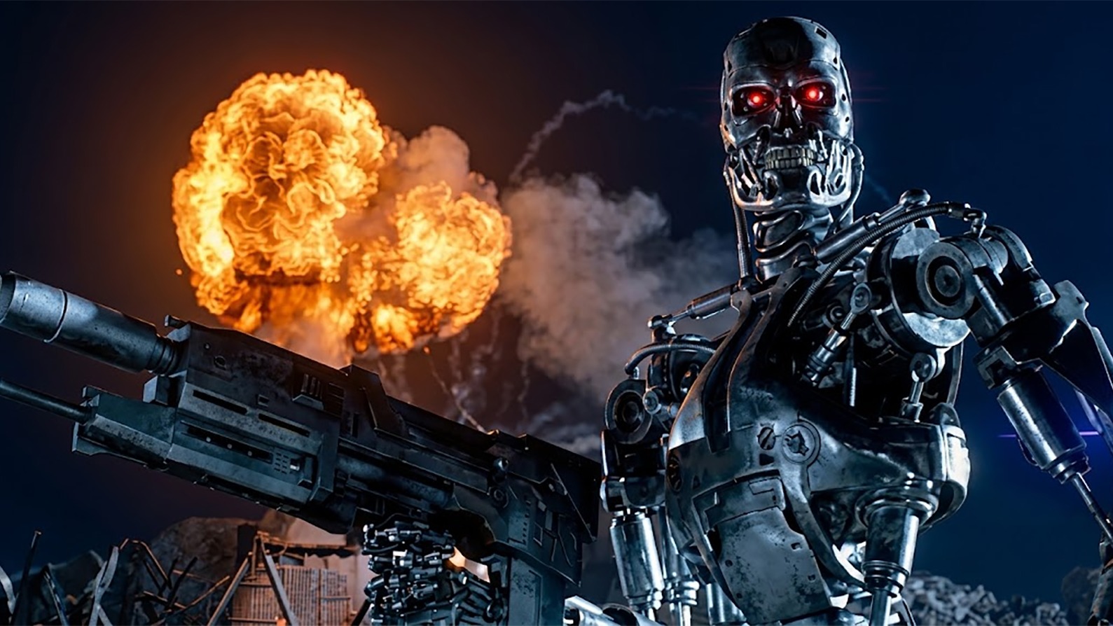 Rob&ocirc; Terminator met&aacute;lico com olhos vermelhos e arma grande, com explos&atilde;o ao fundo