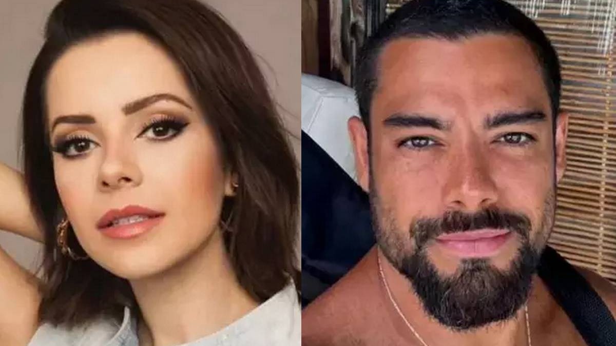Cantora Sandy e o médico Pedro Andrade, o casal que virou assunto na internet pela aparência do namorado. Dois close-ups: mulher de cabelo escuro e homem com barba, ambos olhando à frente.